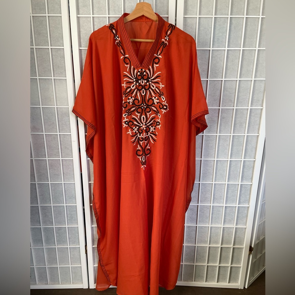 Yoshi Maxi Caftan, Orange with Embroidered black and White Design, One Size.